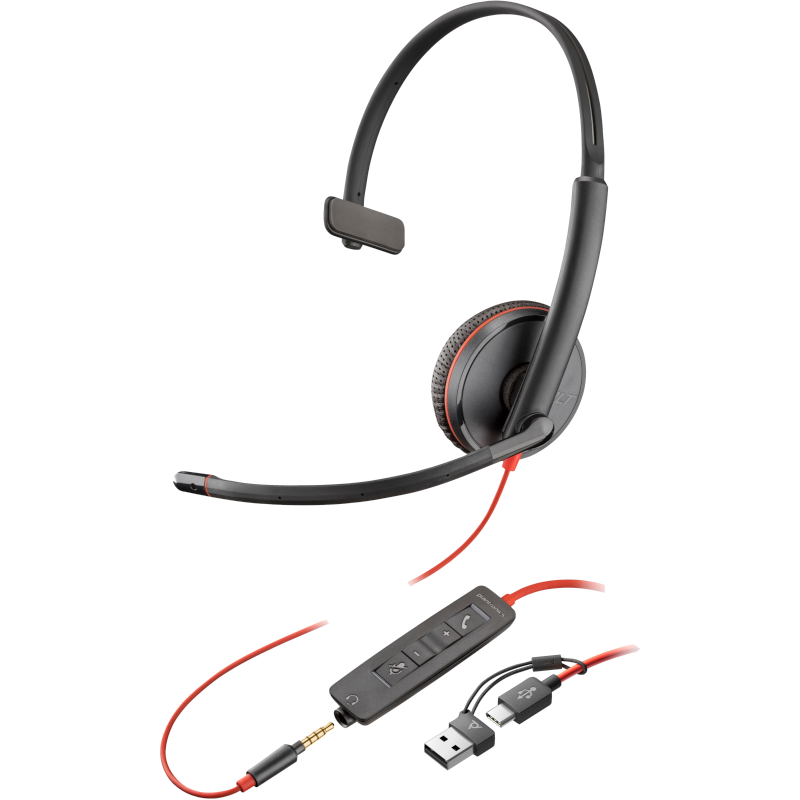 Моногарнітура Poly Blackwire 3215 USB-C + аудіовхід на 3,5 мм + адаптер USB-C/A (8X227AA)